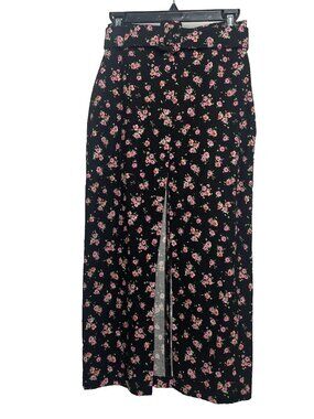 Zara Retro 80s High Waist Midi Pencil Skirt Size S Black Pink Floral Belted
